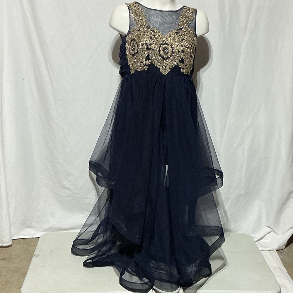 City Triangles Midnight Blue & Gold Beading Formal Prom Dress Sz 7